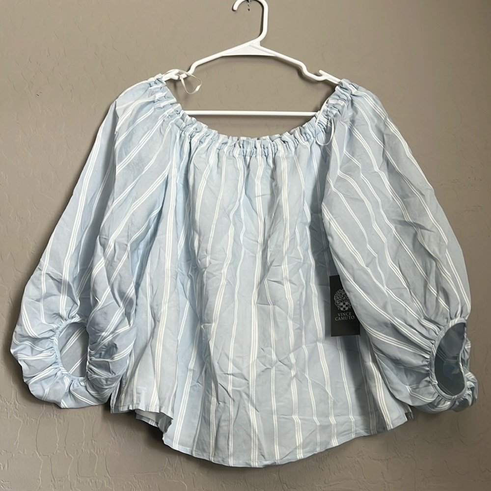 VINCE CAMUTO Striped Balloon-Sleeve Off-The-Shoulder Top - Picture 4 of 9